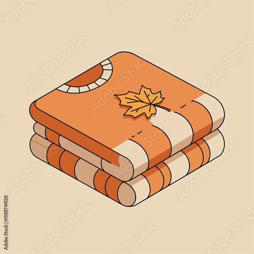 Isometric illustration of folded autumnal sweaters with a maple leaf.