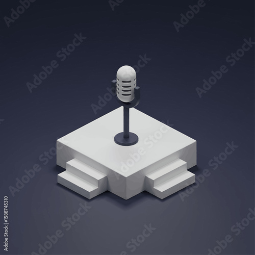 A stylized, isometric microphone on a white podium, suggesting a presentation or speech.