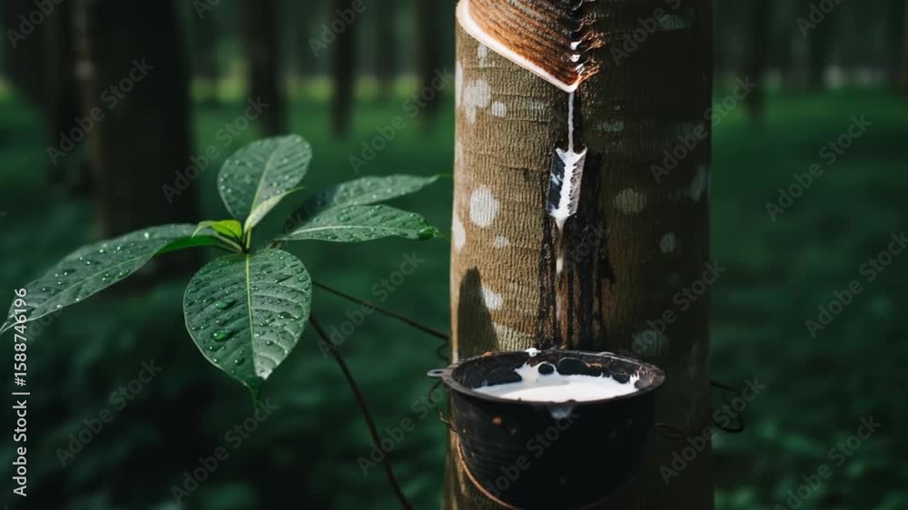 Rubber tapping process: Collecting latex from a rubber tree in a lush forest environment