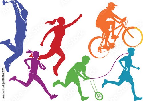 Diverse people engaged in various sports and activities running cycling