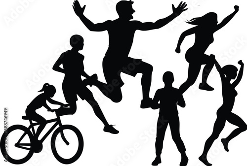 Diverse people engaged in various athletic activities activity running