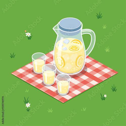 A picnic blanket with lemonade pitcher and glasses, set on a grassy lawn.
