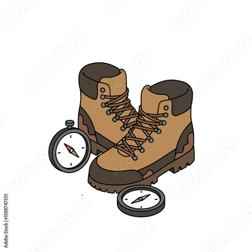 A pair of hiking boots with laces and two compasses are arranged on a white background.