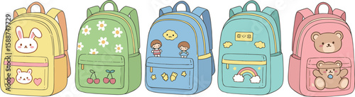 Cute cartoon kids backpacks collection, colorful school bags with animal and nature designs, perfect for children, kindergarten, preschool, and students