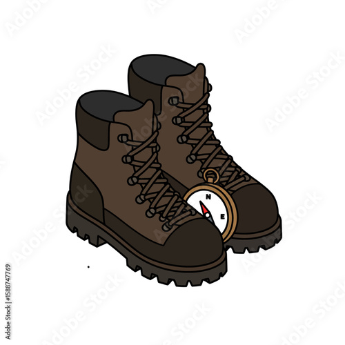 Pair of brown hiking boots with a compass, suggesting an outdoor adventure.