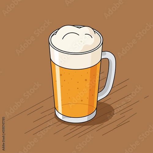 A frothy glass of beer rests on a wooden surface.
