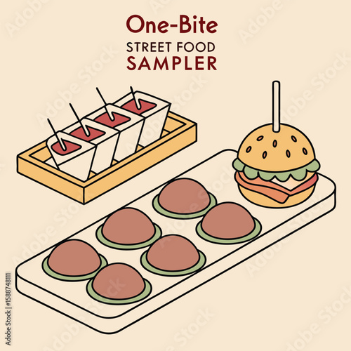 Isometric view of a street food sampler with mini burgers, meatballs and dipping sauce in small bowls