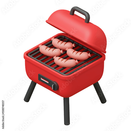 Red cartoon BBQ grill with four sausages cooking on the grate, lid open, isolated on white.