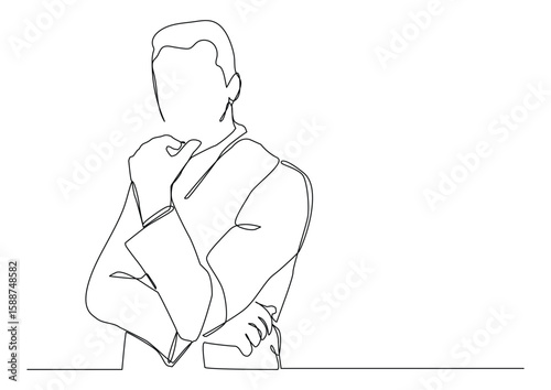 continuous one line art of company boss.one line art of male company leader. character of male company boss folding hands in line drawing.