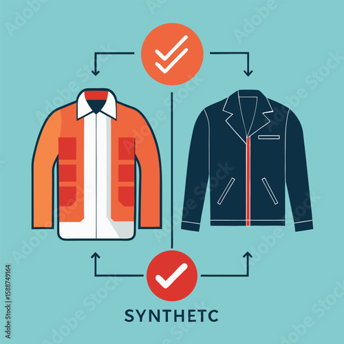A colorful graphic illustration presenting a side-by-side feature comparison of two jackets with a synthetic material concept.