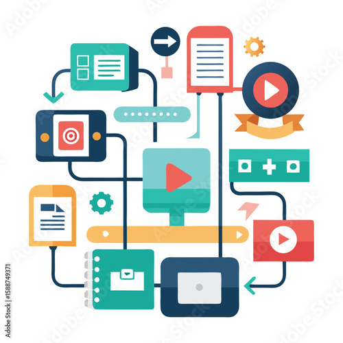 A colorful infographic illustrating step-by-step workflows showcasing data flow connections and digital processes