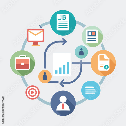 A creative circular diagram illustrates step-by-step workflows for business processes and project management visualization.