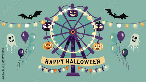 A festive halloween scene featuring a ferris wheel decorated with pumpkins and string lights theme party