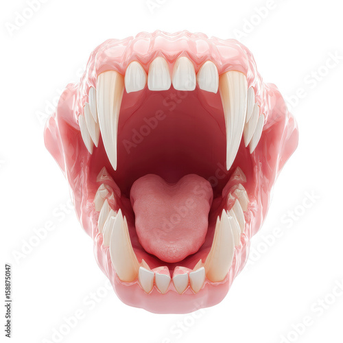 Monster Jaws: A detailed close-up of a monstrous open mouth, revealing rows of sharp fangs and a protruding tongue.  The image is rendered with high-quality 3D graphics. 