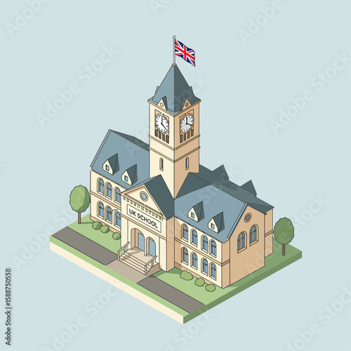 Isometric illustration of a historic school building with a clock tower and flag.