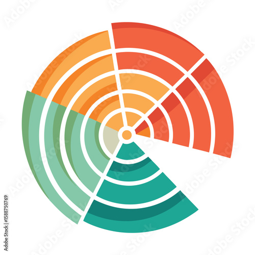 Abstract colorful modern radar charts and donut charts with overlapping circular segments on a white background.