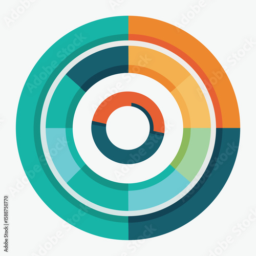 Abstract colorful layered radar charts and donut charts on a white background showing data and information visualization