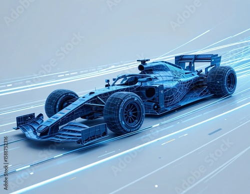 A futuristic formula one race car with a blue wireframe design speeding along a bright white track surface