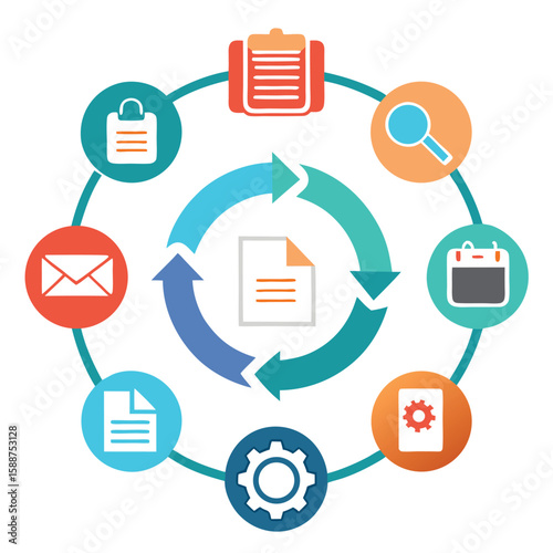 Circular diagram illustrating a step-by-step workflows process for business strategy and planning