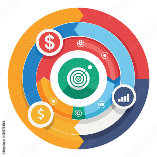 Circular infographic design illustrating a sales target and progress tracking showcasing financial growth and business objectives achievement.