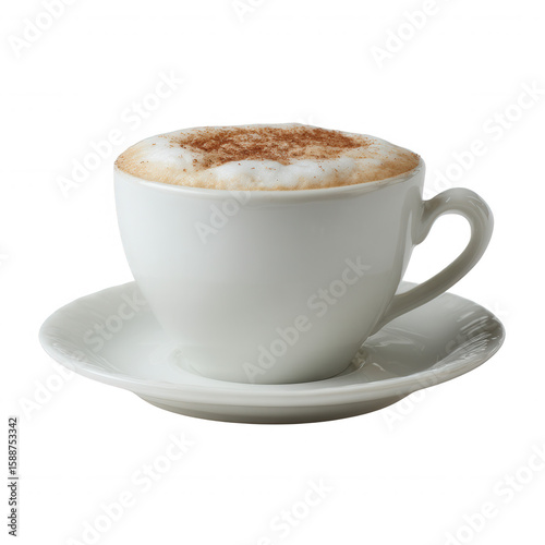 A beautifully crafted cappuccino served in a classic white cup, showcasing a creamy froth topped with a sprinkle of cocoa on a matching saucer.