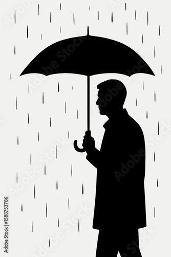Silhouette of a Man with Umbrella in Rainy Weather