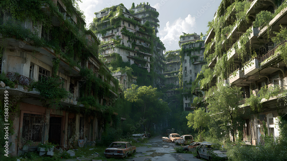 Fototapeta premium An overgrown city shows post apocalyptic ruins and nature reclaiming it