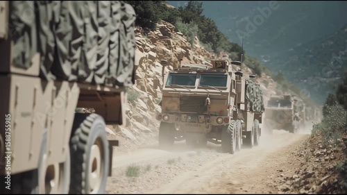 Military vehicles travel along a dusty mountain path, transporting crucial supplies through challenging conditions in an operation that showcases logistical capabilities