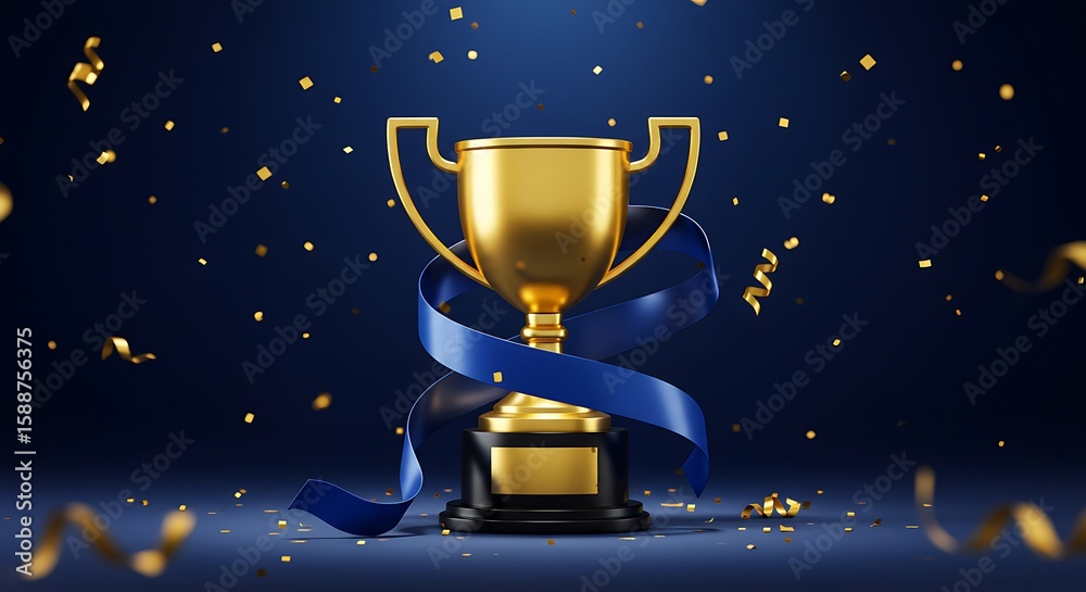 Golden trophy with blue ribbon and confetti on a dark blue background Golden trophy with blue ribbon and confetti on a dark blue background