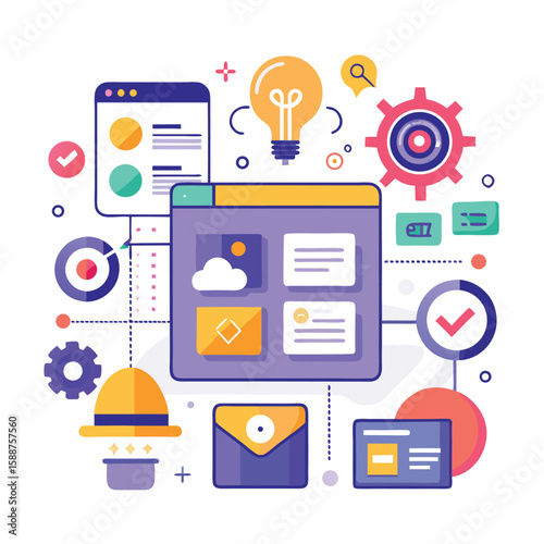 Digital marketing illustration showcasing interface design elements, creative ideas and step-by-step workflows.