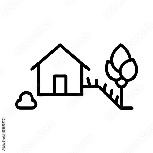 House with Garden Landscape Outline Icon, Residential Property Vector