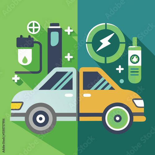 Eco-friendly vehicle concept featuring side-by-side feature comparison illustrating charging and fueling technology.