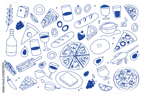 Hand drawn doodle illustration of food and drink items on a white background