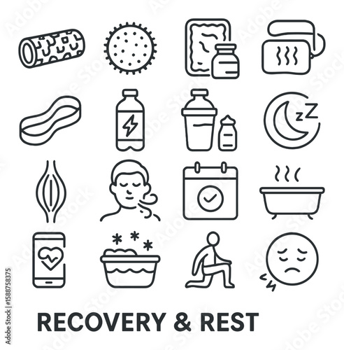 Recovery & rest icon collection. wellness and relaxation linear symbols. sleep, yoga, hydration, calm, meditation, bath, exercise vector icons.