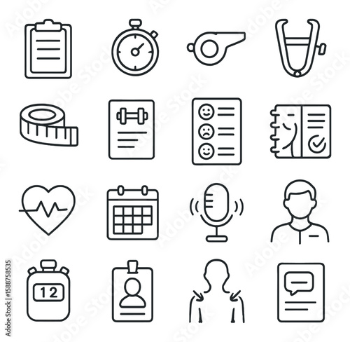 Personal training icon collection. fitness equipment linear icons: stopwatch, whistle, heart, calendar vector icons.