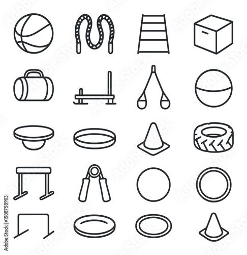Functional fitness icon collection. equipment symbols in simple style: ball, rope, ladder, box, bag, rings, cone, tire, hoop vector icons.