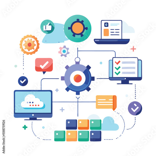 Illustrated infographic depicting cloud computing and workflow processing with connected computer screens and gears