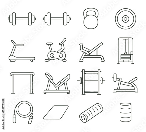 Gym equipment icon collection: dumbbell, kettlebell, treadmill, flat gym tools vector icons