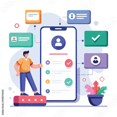 Illustrated user interface with a man approaching a mobile phone displaying step-by-step workflows