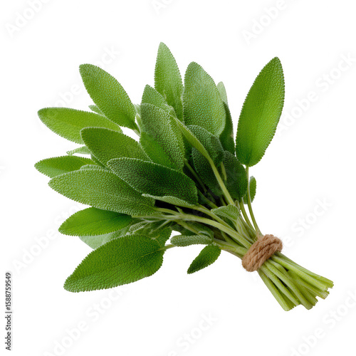 A fresh bunch of sage leaves tied with twine, showcasing vibrant green foliage. Perfect for culinary or herbal use, emphasizing freshness and natural ingredients.