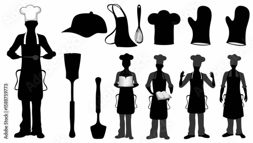 Illustration of chefs with hats, aprons, and cooking utensils like spatulas, whisk, and oven mitts shown