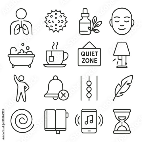Stress relief icon collection. simple linear relaxation. bath, tea, quiet zone, music, yoga vector icons.