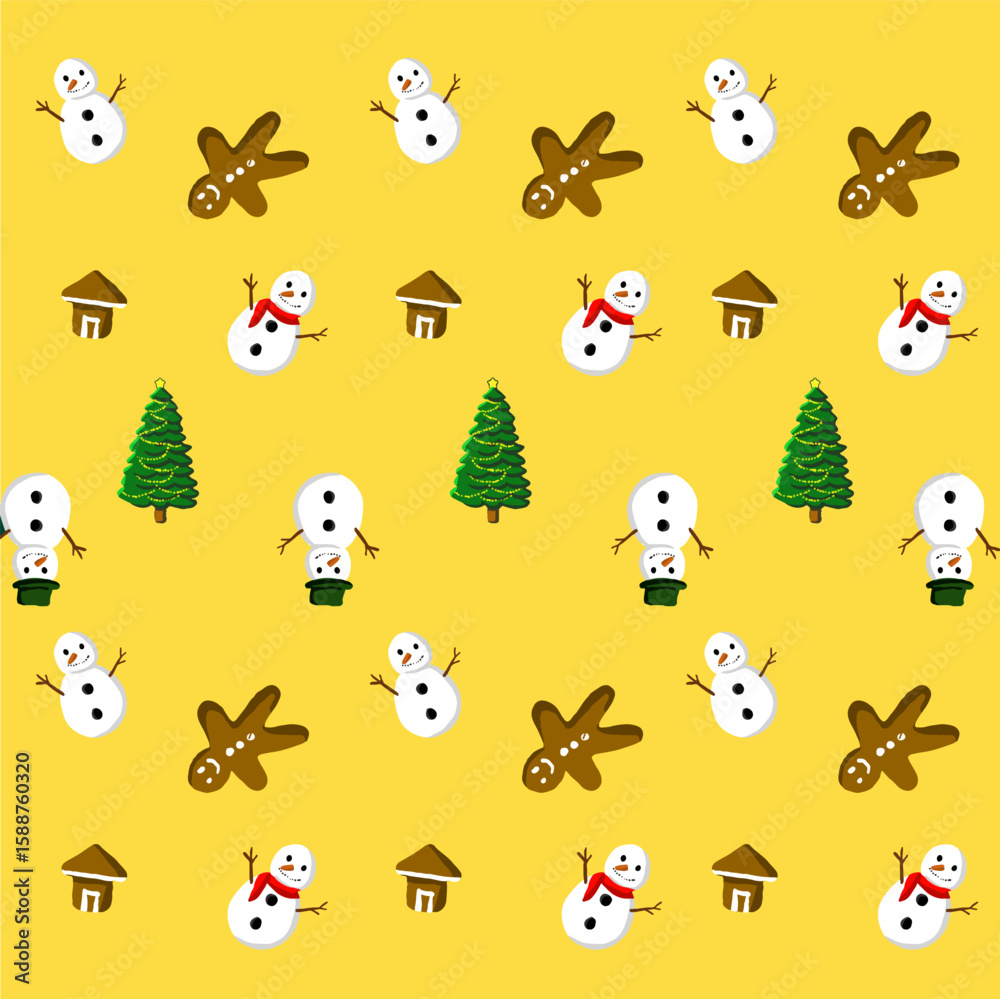 Obraz premium Festive Seamless Pattern with Snowmen, Gingerbread Figures, Trees, and Cozy Cabins