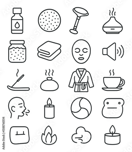 Relaxation essentials icon collection. simple wellness elements. candle, spa, tea, towel, aroma, meditation, bath, yoga, zen, massage vector icons.