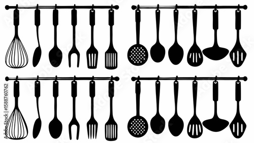 Silhouette kitchen utensils hanging on a rack, including spoons, spatulas, and a whisk, organized in rows