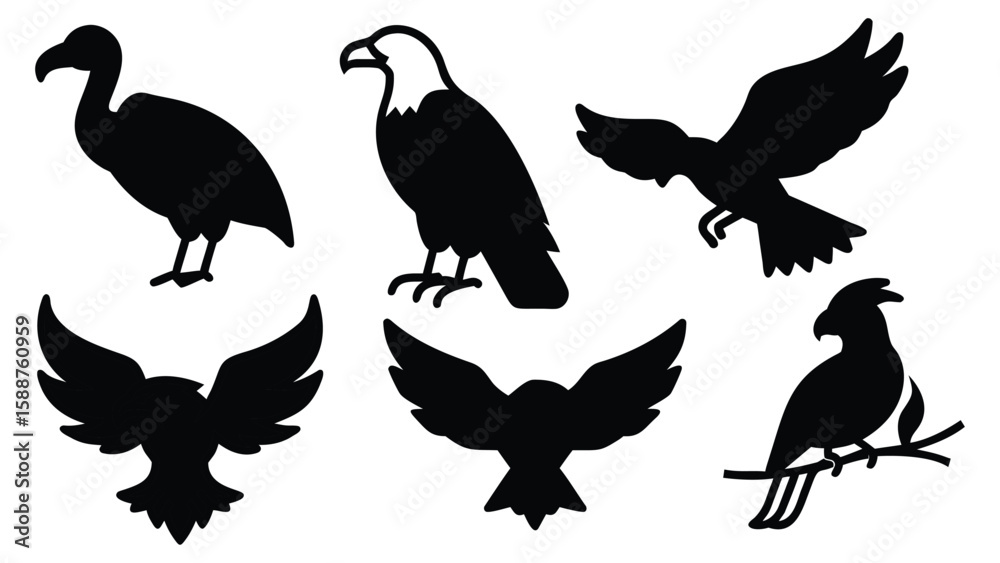 Fototapeta premium Bird Silhouette Vector Set – Eagles, Owls, Parrots, and Flying Birds in Black Icons