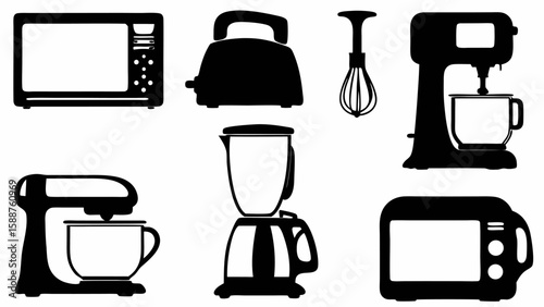 Illustration of kitchen appliances including microwaves mixers blenders and a toaster in black and white