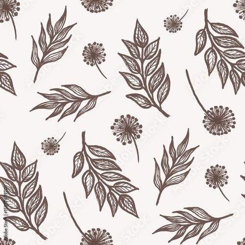 Botanical Hand Drawn Leaves and Dandelion Flowers Seamless Pattern in Vintage Style – Hand-Drawn Earthy Leaf & Flower Design on Beige Background