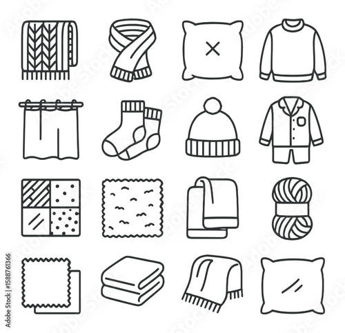 Cozy fabric icon collection. simple linen, pillow, scarf, blanket, sweater, yarn vector icons