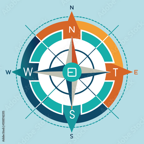 Stylish and modern compass rose depicting north south east and west directions on a light blue background